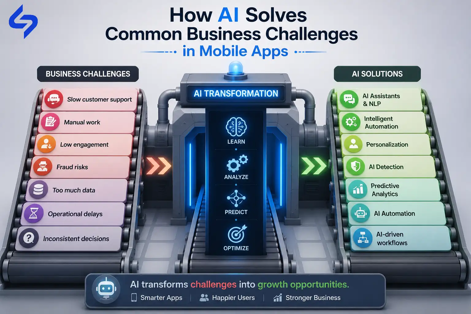 Infographic showing how AI technologies solve common business challenges such as slow customer support, manual work, fraud detection, and low user engagement